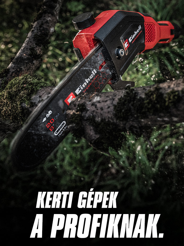 A red cordless chainsaw cuts through a branch, with the text "Garden Tools for Pros".