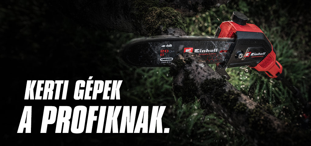 A red cordless chainsaw cuts through a branch, with the text "Garden Tools for Pros".