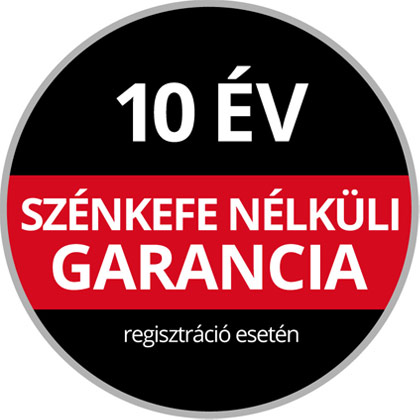 Round Warranty Logo with the text "10-Year Brushless Warranty, upon Online Registration" on a black and red background.