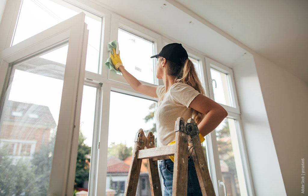 A woman stands on a ladder and cleans windows