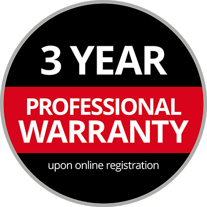 Round Warranty Logo with the text "3-Year Professional Warranty, upon Online Registration" on a black and red background.